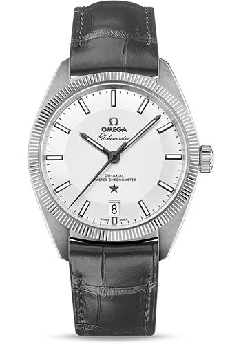 Omega Constellation Globemaster Co-Axial Master Chronometer Watch 39 mm Steel Case Fluted Bezel Silver Dial Grey Leather Strap 130.33.39.21.02.001