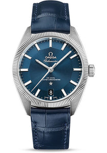 Omega Constellation Globemaster Co-Axial Master Chronometer Watch 39 mm Steel Case Fluted Bezel Blue Dial Blue Leather Strap 130.33.39.21.03.001