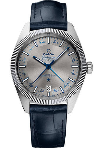 Omega Constellation Globemaster Co-Axial Master Chronometer Annual Calendar Watch 41 mm Steel Case Fluted Bezel Grey Dial Blue Leather Strap 130.33.41.22.06.001