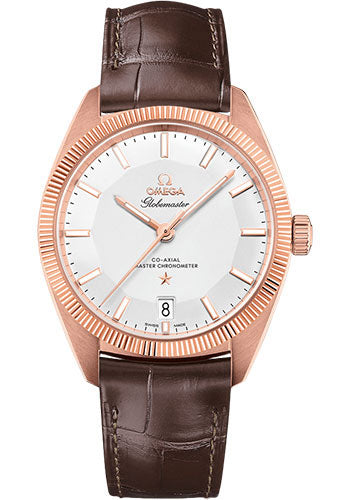 Omega Constellation Globemaster Co-Axial Master Chronometer Watch 39 mm Sedna Gold Case Fluted Bezel Silvery Dial Brown Leather Strap 130.53.39.21.02.001