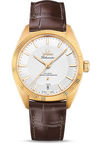 Omega Constellation Globemaster Co-Axial Master Chronometer Watch 39 mm Yellow Gold Case Fluted Bezel Silvery Dial Brown Leather Strap 130.53.39.21.02.002