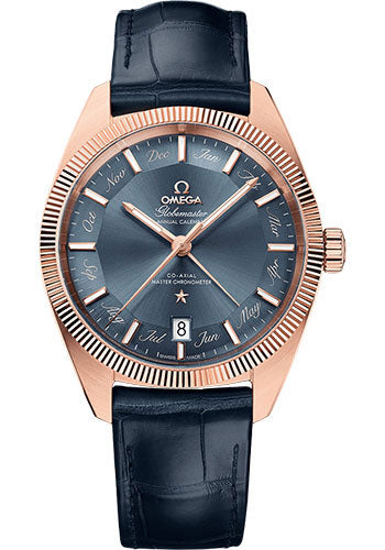 Omega Constellation Globemaster Co-Axial Master Chronometer Annual Calendar Watch 41 mm Sedna Gold Case Fluted Bezel Blue Dial Blue Leather Strap 130.53.41.22.03.001