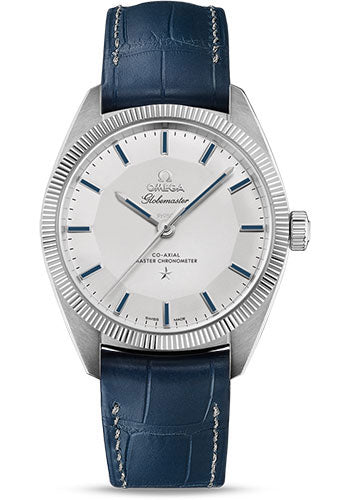 Omega Constellation Globemaster Co-Axial Master Chronometer Limited Edition of 352 Watch 39 mm 950 Platinum Case Fluted Bezel Grey Dial Blue Leather Strap  130.93.39.21.99.001