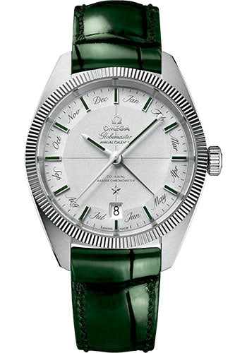 Omega Constellation Globemaster Co-Axial Master Chronometer Annual Calendar Limited Edition of 52 Watch 41 mm Platinum Case Platinum Dial Green Leather Strap 130.93.41.22.99.002