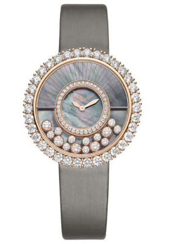 Chopard Happy Diamonds Joaillerie Watch 38.00 mm Rose Gold Diamond Case Black Tahitian Mother Of Pearl Dial Silver Brushed Fabric Strap 204035-5001