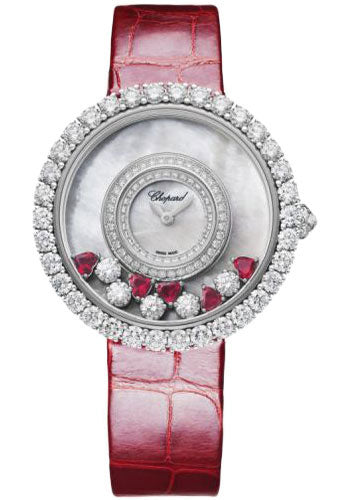 Chopard Happy Diamonds Joaillerie Watch 37.70 mm White Gold Diamond Case Diamond Set Bezel Textured Mother Of Pearl Dial Red Strap 204445-1006