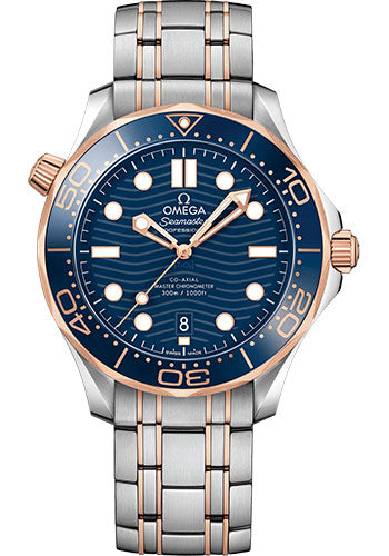 Omega Seamaster Diver 300M Co Axial Master Chronometer Watch 42 mm Steel And Sedna Gold Case Unidirectional Bezel Blue Ceramic Dial 210.20.42.20.03.002