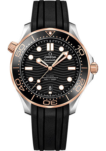 Omega Seamaster Diver 300M Co-Axial Master Chronometer Watch - 42 mm Steel And Sedna Gold Case Unidirectional Bezel Black Ceramic Dial Black Rubber Strap 210.22.42.20.01.002