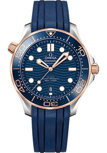 Omega Seamaster Diver 300M Co Axial Master Chronometer Watch 42 mm Steel And Sedna Gold Case Unidirectional Bezel Blue Ceramic Dial Blue Rubber Strap 210.22.42.20.03.002