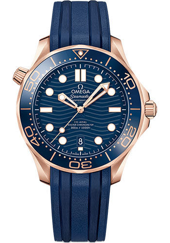 Omega Seamaster Diver 300M Omega Co Axial Master Chronometer 42 mm Sedna Gold Case Blue Dial Blue Rubber Strap 210.62.42.20.03.001