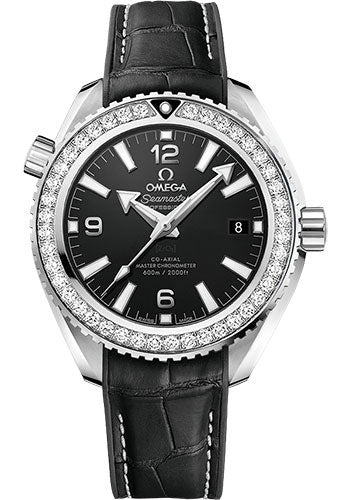 Omega Planet Ocean 600M Co Axial Master Chronometer Watch 39.5 mm Steel Case Unidirectional Diamond Bezel Black Dial Black Leather Strap 215.18.40.20.01.001