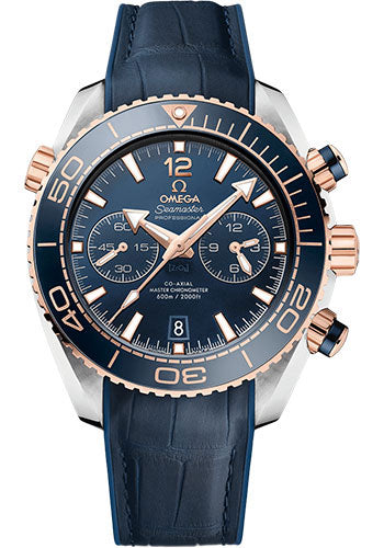 Omega Planet Ocean 600 M Omega Co-axial Master Chronometer Chronograph Watch  45.5 mm Sedna Gold And Steel Case Unidirectional Blue Ceramic Bezel Blue Ceramic Dial Blue Leather Strap 215.23.46.51.03.001