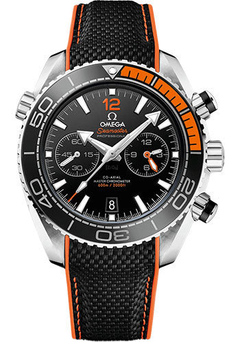 Omega Planet Ocean 600 M Omega Co-axial Master Chronometer Chronograph Watch 45.5 mm Steel Case Unidirectional Black Ceramic Bezel Black Ceramic Dial Black Structured Rubber Strap 215.32.46.51.01.001