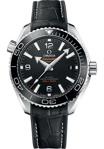 Omega Planet Ocean 600M Co Axial Master Chronometer Watch - 39.5 mm Steel Case Unidirectional Black Cermaic Bezel Black Dial Black Leather Strap 215.33.40.20.01.001