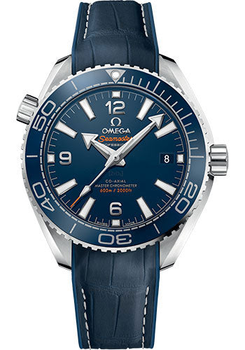 Omega Planet Ocean 600M Co Axial Master Chronometer Watch 39.5 mm Steel Case Unidirectional Blue Cermaic Bezel Black Dial Blue Leather Strap 215.33.40.20.03.001