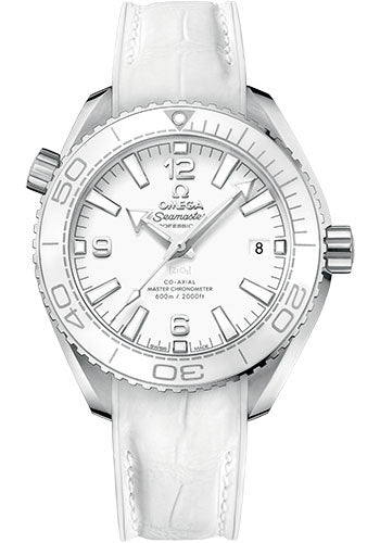 Omega Planet Ocean 600M Co Axial Master Chronometer Watch 39.5 mm Steel Case Unidirectional White Cermaic Bezel White Dial White Leather Strap 215.33.40.20.04.001