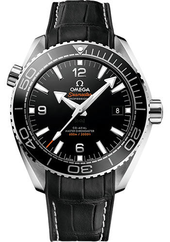 Omega Planet Ocean 600 M Omega Co-axial Master Chronometer Watch 43.5 mm Steel Case Unidirectional Black Ceramic Bezel Black Ceramic Dial Black Leather Strap 215.33.44.21.01.001