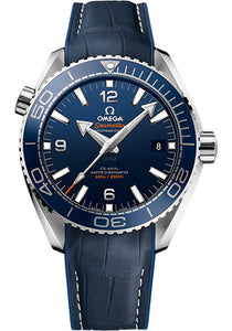 Omega Planet Ocean 600 M Omega Co Axial Master Chronometer Watch 43.5 mm Steel Case Unidirectional Blue Ceramic Bezel Blue Ceramic Dial Blue Leather Strap 215.33.44.21.03.001