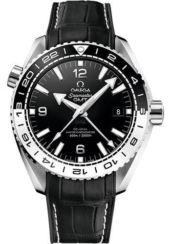 Omega Seamaster Planet Ocean 600 M Co Axial Master Chronometer GMT Watch 43.5 mm Steel Case Bi Directional Bezel Black Ceramic Dial Black Leather Strap 215.33.44.22.01.001