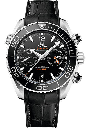 Omega Planet Ocean 600 M Omega Co-axial Master Chronometer Chronograph Watch 45.5 mm Steel Case Unidirectional Black Ceramic Bezel Black Ceramic Dial Black Leather Strap 215.33.46.51.01.001