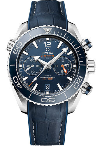 Omega Planet Ocean 600 M Omega Co Axial Master Chronometer Chronograph Watch 45.5 mm Steel Case Unidirectional Blue Ceramic Bezel Blue Ceramic Dial Blue Leather Strap 215.33.46.51.03.001