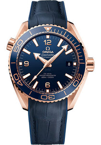 Omega Planet Ocean 600 M Omega Co-axial Master Chronometer Watch 43.5 mm Sedna Gold Case Unidirectional Blue Ceramic Bezel Blue Ceramic Dial Blue Leather Strap 215.63.44.21.03.001