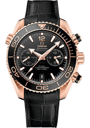 Omega Planet Ocean 600 M Omega Co Axial Master Chronometer Chronograph Watch 45.5 mm Sedna Gold Case Unidirectional Black Ceramic Bezel Black Ceramic Dial Black Leather Strap 215.63.46.51.01.001