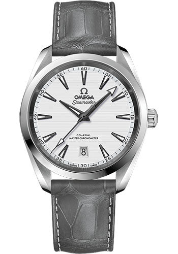 Omega Aqua Terra 150M Co Axial Master Chronometer Watch 38 mm Steel Case Silvery Dial Grey Leather Strap 220.13.38.20.02.001