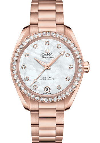 Omega Seamaster Aqua Terra 150M Co-Axial Master Chronometer Watch 34 mm Sedna Gold Case Diamond Set Bezel White Mother Of Pearl Diamond Dial 220.55.34.20.55.001