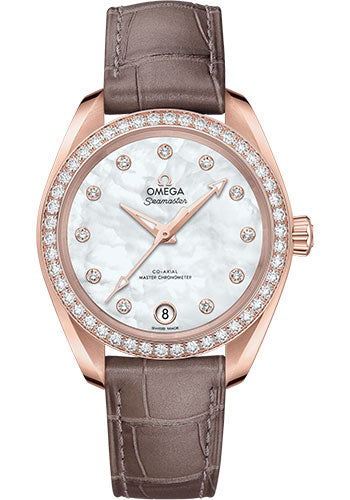 Omega Seamaster Aqua Terra 150M Co Axial Master Chronometer Watch 34 mm Sedna Gold Case Diamond-Set Bezel White Mother Of Pearl Diamond Dial Taupe Brown Leather Strap 220.58.34.20.55.001