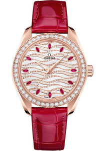 Omega Seamaster Aqua Terra 150M Omega Co Axial Master Chronometer 34 mm Sedna Gold Case Diamond Bezel White Diamond Wave Ruby Dial Glossy Red Leather Strap 220.58.34.20.99.004