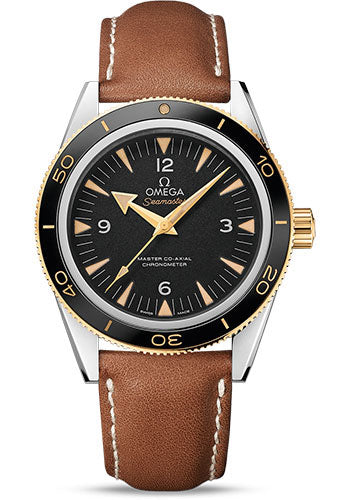 Omega Seamaster 300 Omega Master Co-Axial Watch 41 mm Steel Case Yellow Gold Bezel Black Dial Brown Leather Strap 233.22.41.21.01.001