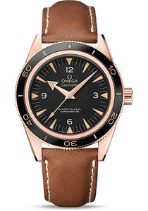 Omega Seamaster 300 Omega Master Co-Axial Watch 41 mm Sedna Gold Case Ceramic Bezel Black Dial Brown Leather Strap 233.62.41.21.01.002