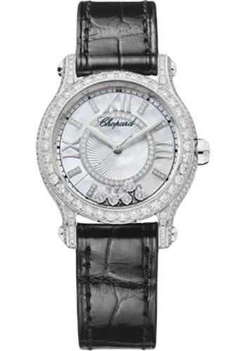 Chopard Happy Sport Watch 30.00 mm White Gold Diamond Case Mother Of Pearl Dial Black Strap 274302-1003