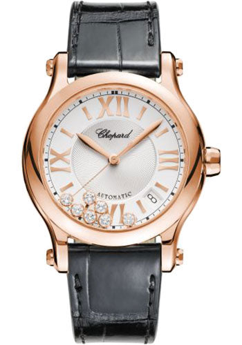 Chopard Happy Sport Round Watch 36.00 mm Rose Gold Diamond Case Silver Dial Black Strap 274808-5001