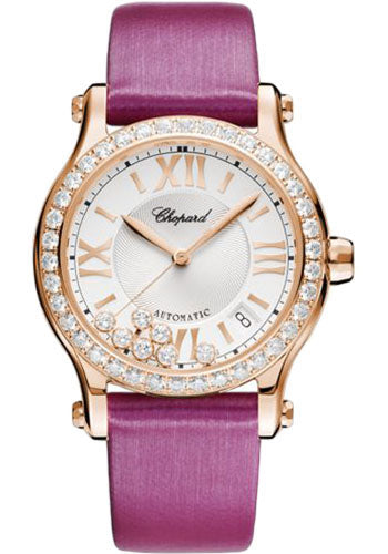 Chopard Happy Sport Round Watch 36.00 mm Rose Gold Diamond Case Diamond Set Bezel Silver Dial Black Strap  274808-5003