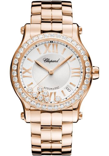 Chopard Happy Sport Round Watch 36.00 mm Rose Gold Diamond Case Diamond Set Bezel Silver Dial 274808-5004