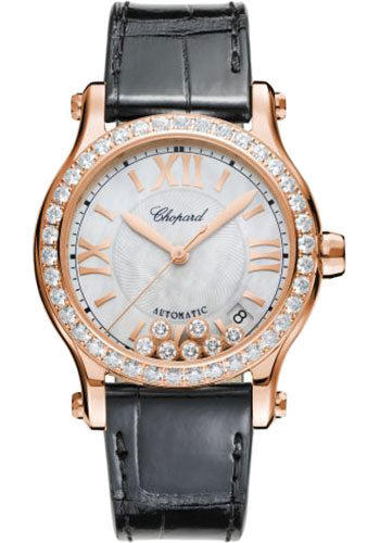 Chopard Happy Sport Round Watch 36.00 mm Rose Gold Diamond Case Diamond-Set Bezel Mother of Pearl Dial Black Strap 274808-5006