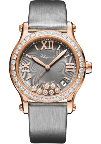 Chopard Happy Sport Round Watch 36.00 mm Rose Gold Diamond Case Diamond Set Bezel Gray Brushed Dial Silver Strap 274808-5014