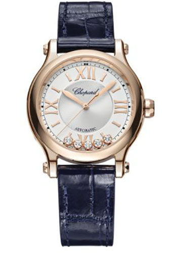 Chopard Happy Sport Watch 33.00 mm Rose Gold Diamond Case Silver Dial Blue Strap 275378-5001