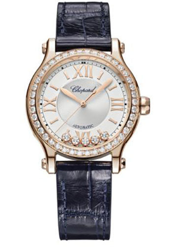 Chopard Happy Sport Watch 33.00 mm Rose Gold Diamond Case Silver Dial Blue Strap 275378-5003