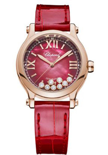 Chopard Happy Sport Watch 33.00 mm Rose Gold Diamond Case Red Textured Mother Of Pearl Dial Red Strap 275378-5005