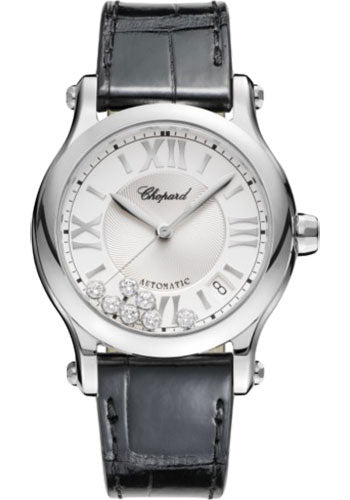 Chopard Happy Sport Round Watch 36.00 mm Steel Diamond Case Silver Dial Black Strap 278559-3001