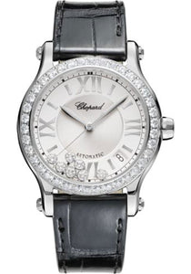 Chopard Happy Sport Round Watch 36.00 mm Steel Diamond Case Diamond Set Bezel Silver Dial Black Strap 278559-3003