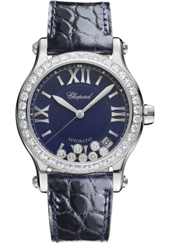 Chopard Happy Sport Round Watch 36.00 mm Steel Diamond Case Diamond Set Bezel Blue Dial Blue Strap 278559-3006