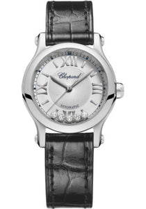 Chopard Happy Sport Round Watch 30.00 mm Steel Case Silver Dial Black Strap 278573-3011