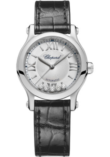 Chopard Happy Sport Round Watch 30.00 mm Steel Case Silver Dial Black Strap 278573-3011