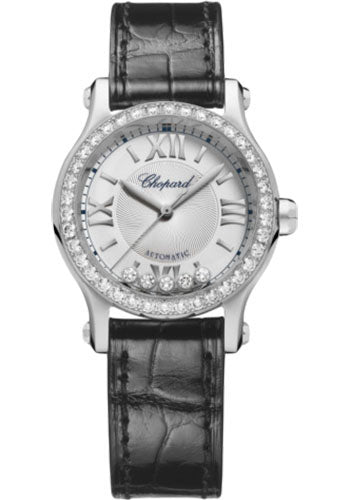 Chopard Happy Sport Round Watch 30.00 mm Steel Diamond Case Silver Dial Black Strap 278573-3013