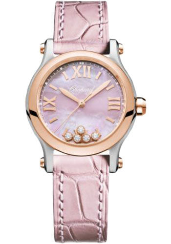 Chopard Happy Sport Round Watch 30.00 mm Steel And Rose Gold And Steel Case Textured Mother Of Pearl Dial Pink Strap 278573-6011