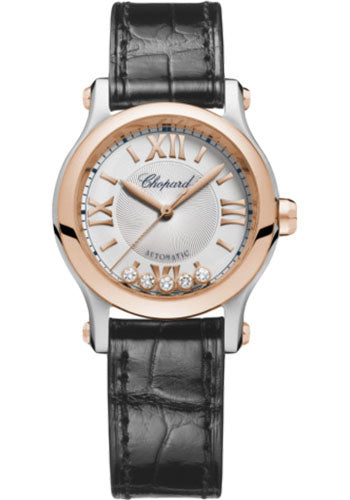 Chopard Happy Sport Round Watch 30.00 mm Steel And Rose Gold And Steel Case Silver Dial Black Strap 278573-6013